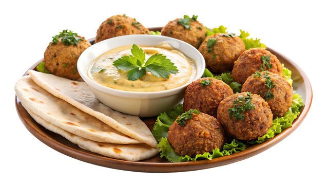 Middle Eastern falafel and pita bread, isolated on a transparent background