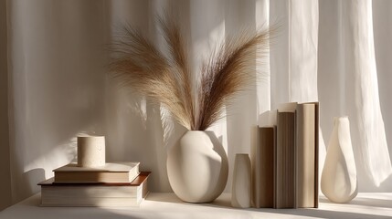 A still life of neutral-toned decor vase of feathery plumes, books, and ceramic objects against soft, translucent fabric