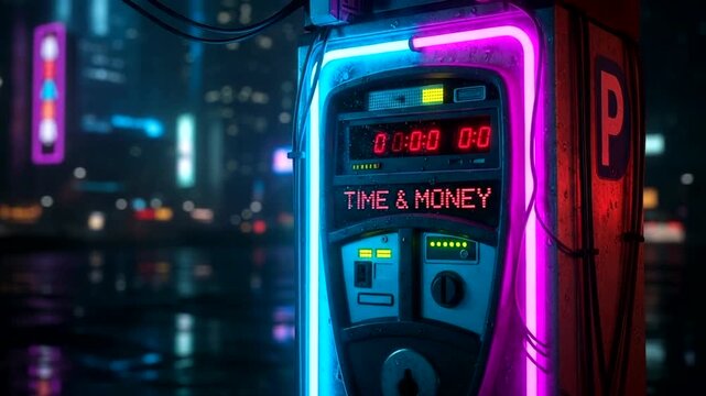 Neon Parking Meter Displaying Time and Money in City