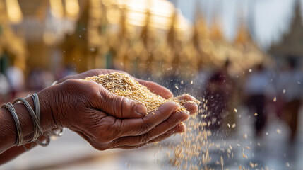 Hands holding grains at the Htamane Festival at Shwedagon Pagoda in Yangon, Myanmar during a cultural celebration