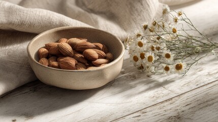A ceramic bowl overflows with almonds, beside a sprig of delicate white flowers, all set on a rustic wooden surface