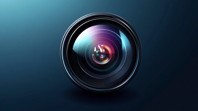 Close up of camera lens on dark blue background for tech and photography