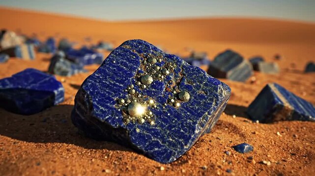 Lapis Lazuli Fragments Scattered Across a Desert Floor with Flecks of Gold