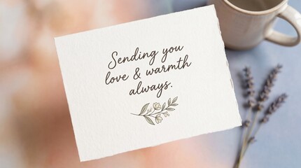 Heartwarming greeting card conveying a message of enduring love and comforting warmth, elegantly displayed with delicate lavender and a cozy mug, symbolizing care and affection