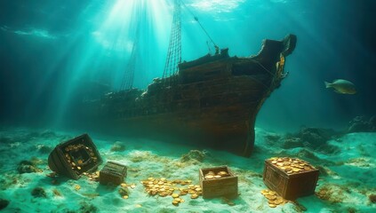 sunlit underwater shipwreck with open treasure chests spilling gold coins across sandy seafloor, lone fish nearby, mysterious awe and sense of discovery