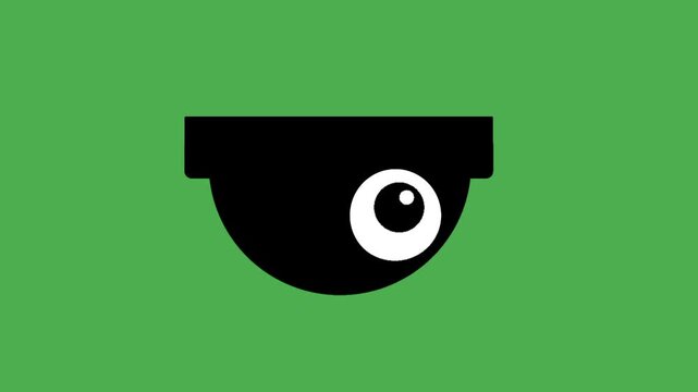 Animated security camera icon with moving eye lens on green screen. Surveillance motion concept for chroma key background.