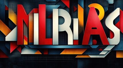 Large three-dimensional block letters set among layered geometric panels and metallic textures in red, white, yellow and blue, conveying a bold, dynamic, futuristic energy