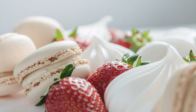 春らしいイチゴとアイスクリームとマカロンのスイーツ構図 / Spring dessert scene with strawberries, ice cream, and macarons
