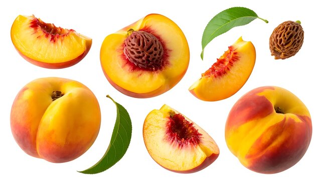 Fresh peaches and peach slices with leaves on white background
