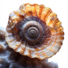 Macro close-up of a spiral seashell with ruffled edges, warm amber and creamy white translucence on porous rock, intricate texture evoking delicate serene wonder