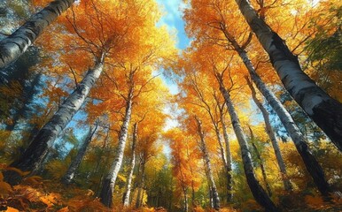 looking up through tall white birch trees with golden orange autumn leaves to a bright blue sky, sunlight filtering through a warm peaceful canopy evoking quiet awe