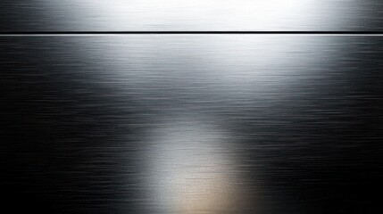Brushed stainless steel panel with fine horizontal grain and narrow seam, soft central and top highlights, cool sleek minimalist industrial mood