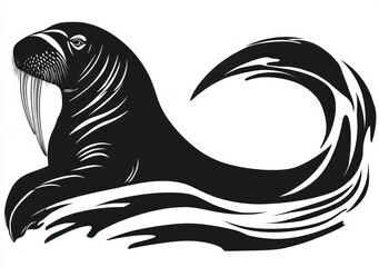 Stylized walrus with long tusks and whiskers reclining with flowing wave-like body and bold black graphic lines conveying calm strength