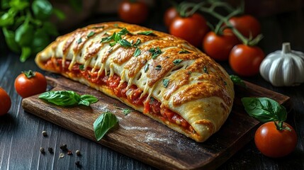 golden baked calzone with melted cheese and tomato filling on a wooden board surrounded by cherry tomatoes basil garlic and peppercorns, warm inviting and appetizing
