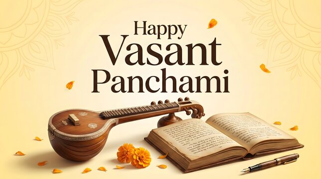 Happy Vasant Panchami celebration with traditional Indian sitar and books