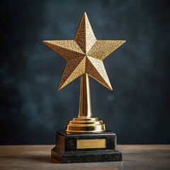 shiny textured gold star trophy on a black marble base with blank name plaque on a tabletop, evoking pride, achievement and celebration