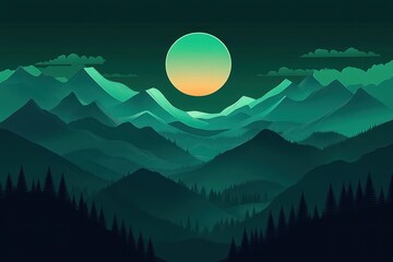 Layered teal mountain landscape with pine silhouettes under a large glowing gradient sun, serene and mystical twilight scene