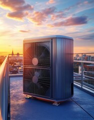 modern rooftop air conditioning unit with dual fans on a city building at sunset, warm glowing sky and peaceful evening mood