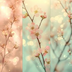 triptych of delicate pink cherry blossom branches with buds and petals, soft bokeh lights and pastel glow conveying a dreamy, serene, romantic spring mood
