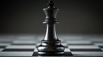 Solitary black king chess piece on a checkered chessboard under dramatic moody lighting conveying power, solitude and strategic tension
