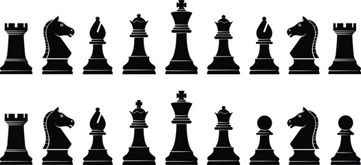 Set of black chess piece silhouettes including king queen rook bishop knight and pawn, strategy game icons isolated on white © Mst