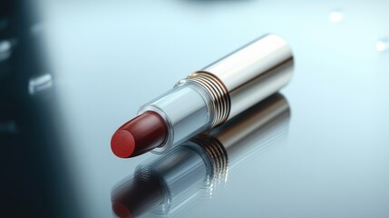 Single red lipstick in silver metallic tube lying on a reflective surface with soft lighting, elegant and luxurious mood