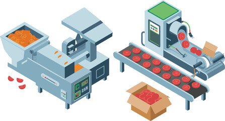 Obraz premium Isometric food processing production line with automated machines and conveyor belt, tomato factory, industrial manufacturing, packaging illustration