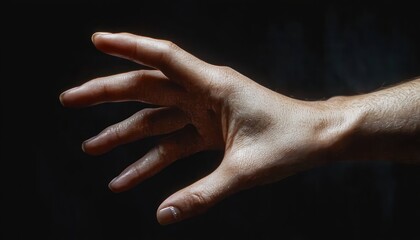 close-up of an outstretched adult hand and forearm reaching into darkness, textured skin and spread fingers conveying tension, longing and anticipation
