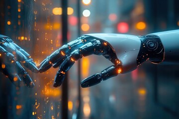 Futuristic robotic hand reaches to touch its reflection on glass amid glowing orange city lights and soft bokeh, evoking quiet curiosity and contemplative connection