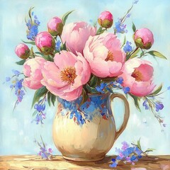 Soft pastel bouquet of pink peonies and small blue wildflowers in a cream ceramic pitcher on a wooden table, evoking gentle romantic serenity