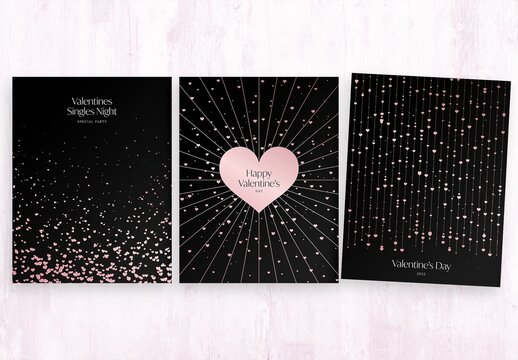 Valentines Day Flyer Poster Template in Black & Pink with Rose Gold Love Heart Vector Illustration