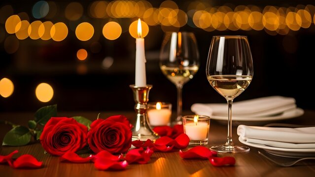 Romantic dinner setup with wine glasses, roses, and candles on a table in a cozy restaurant with warm lighting ambiance