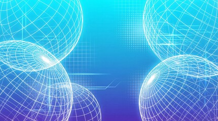Abstract Blue Technology Background with Glowing 3D Wireframe Spheres and Digital Grid