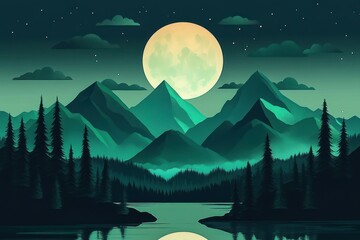 Full moon rising over layered teal mountains above a misty pine forest and reflective lake, serene tranquil night scene with stars and clouds
