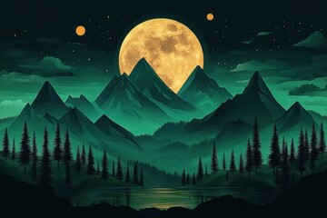 Golden full moon rising behind jagged mountain peaks over a misty pine forest and reflective lake, two smaller moons and stars creating a serene mysterious night