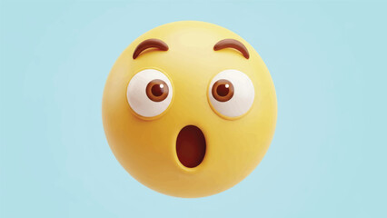 Fototapeta premium Surprised yellow emoji face with wide eyes and open mouth on blue background graphic illustration.