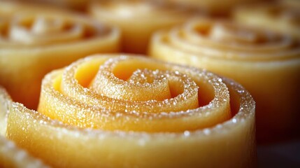 close-up of golden spiral pastry rolls dusted with sugar crystals, warm inviting and indulgent