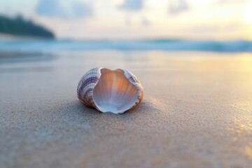 open seashell resting on smooth sand at the water edge with soft golden hour light and a calm tranquil sea in the blurred background