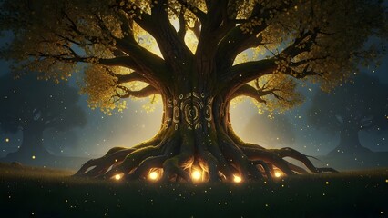 A majestic ancient tree of life at night, featuring glowing golden runes on its trunk and illuminated roots. Golden leaves and fireflies create a magical, ethereal atmosphere.