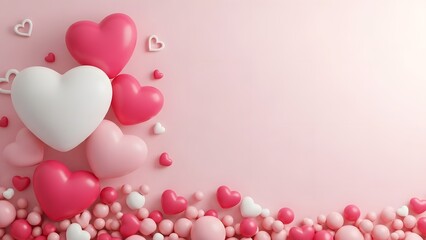 A festive arrangement of pink and white hearts and balloons on a pink background for valentines day or love themed designs and decorations