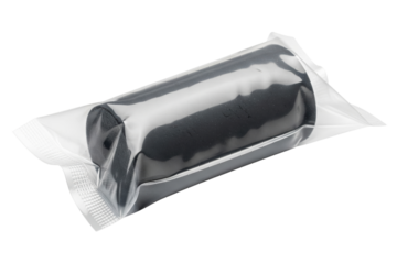 Black toner cartridge for laser printer in transparent plastic package on a transparent background