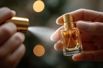 Close-up of hands spraying amber perfume from glass bottle with golden cap, fine mist and warm bokeh lights conveying elegant sensual mood