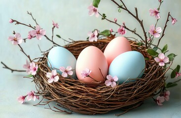 Fototapeta premium pastel blue and pink eggs resting in a woven twig nest with delicate pink cherry blossom branches, soft background conveying gentle springtime serenity