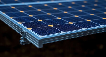 Close-up of a blue solar panel showing textured photovoltaic cells, aluminum frame, mounting brackets and fastening bolts, conveying sleek efficient sustainable energy