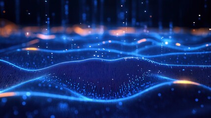 undulating blue digital mesh landscape with glowing particles, orange highlights and vertical light streaks conveying a serene futuristic mood