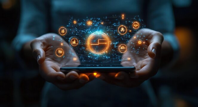 two hands holding a smartphone projecting a glowing holographic digital network with icons and data streams, evoking wonder and innovation - Powered by Adobe