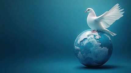 white dove perched on a blue earth globe with outstretched wing, serene peaceful scene conveying hope and global unity