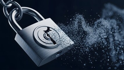 Security Breach: A close-up shot of a chrome padlock being shattered into pieces, symbolizing the vulnerability of digital security in our connected world.