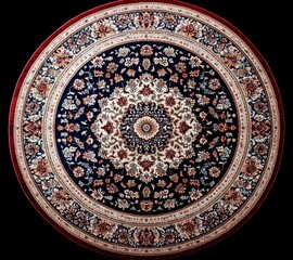 Naklejka premium round ornate navy and cream floral medallion rug with red concentric borders on dark background, intricate symmetrical pattern conveying elegant timeless warmth