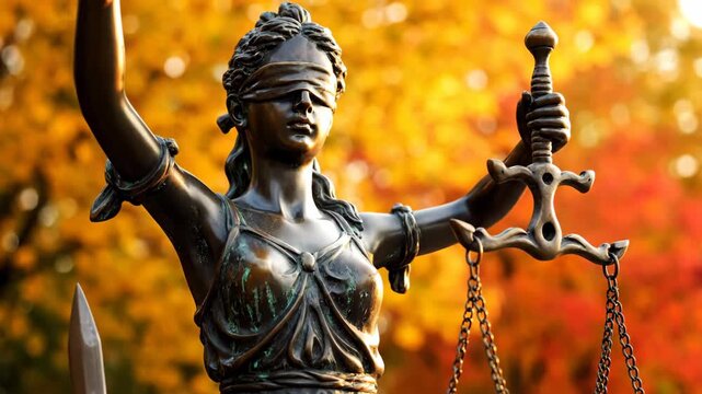 Bronze statue of justice with scales and sword stands against a blurred background of autumn leaves in bokeh. Soft lighting and shallow depth of field.